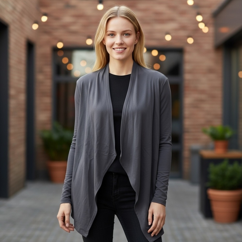 Pure Jill Women's Fall Cardigan Grey Open Front Draped Woven Jacket, Size M EUC